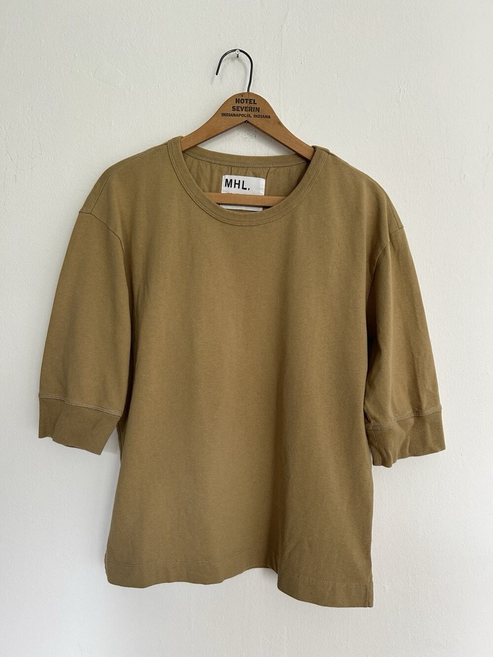MHL Margaret Howell Khaki Beige Heavyweight Cotton Boxy T-Shirt Top Size S